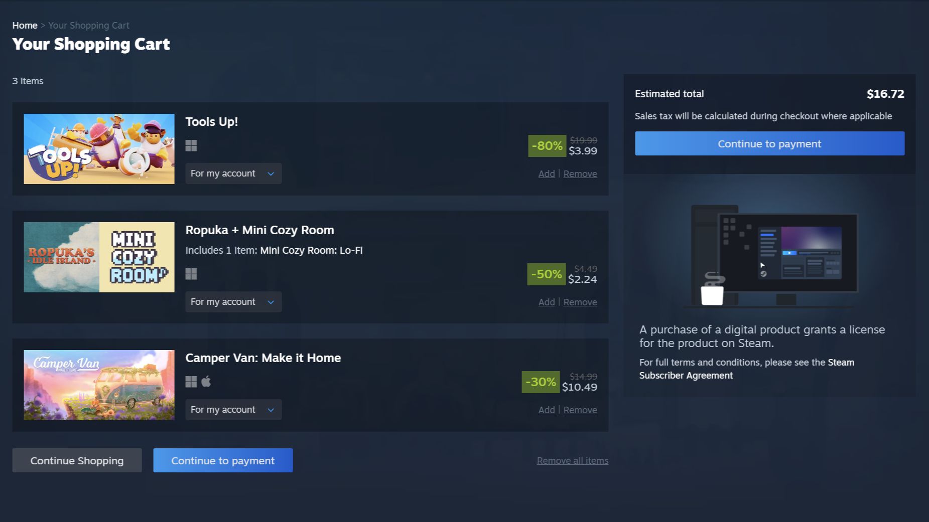 A Steam shopping cart with Tools Up, Mini Cozy Room, and Camper Van: Make It Home inside