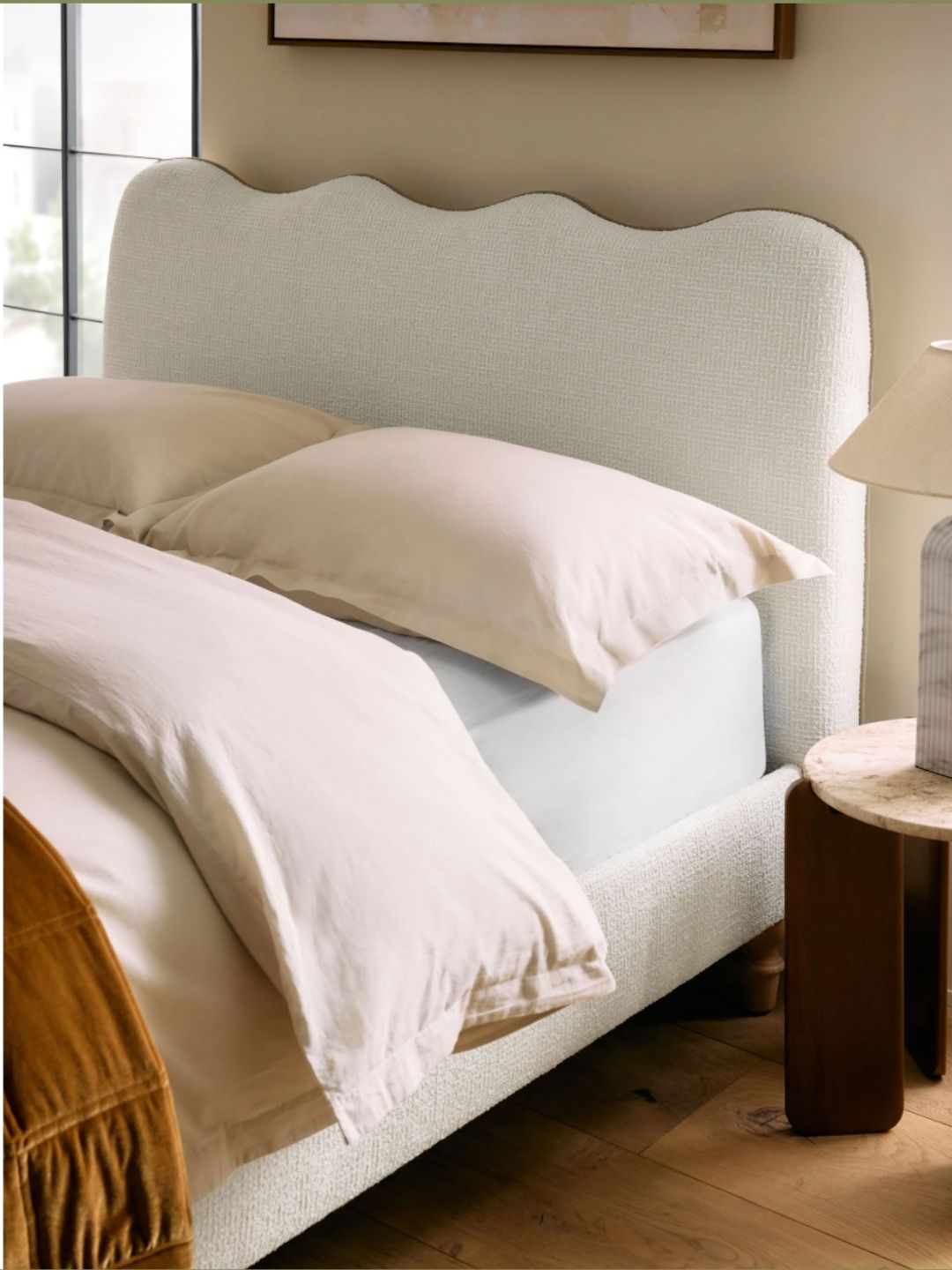 Next, Chunky Texture Oyster Natural Wren Scallop Headboard Upholstered Bed Frame