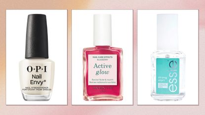 Collage of best nail strengtheners (L-R) OPI Nail Envy, Manucurist Active Glow and Essie Strong Start Nail Treatment, on a pink watercolour background