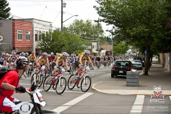The leaders roll out at the front of the peloton for stage 2 of the BC Bike Race.