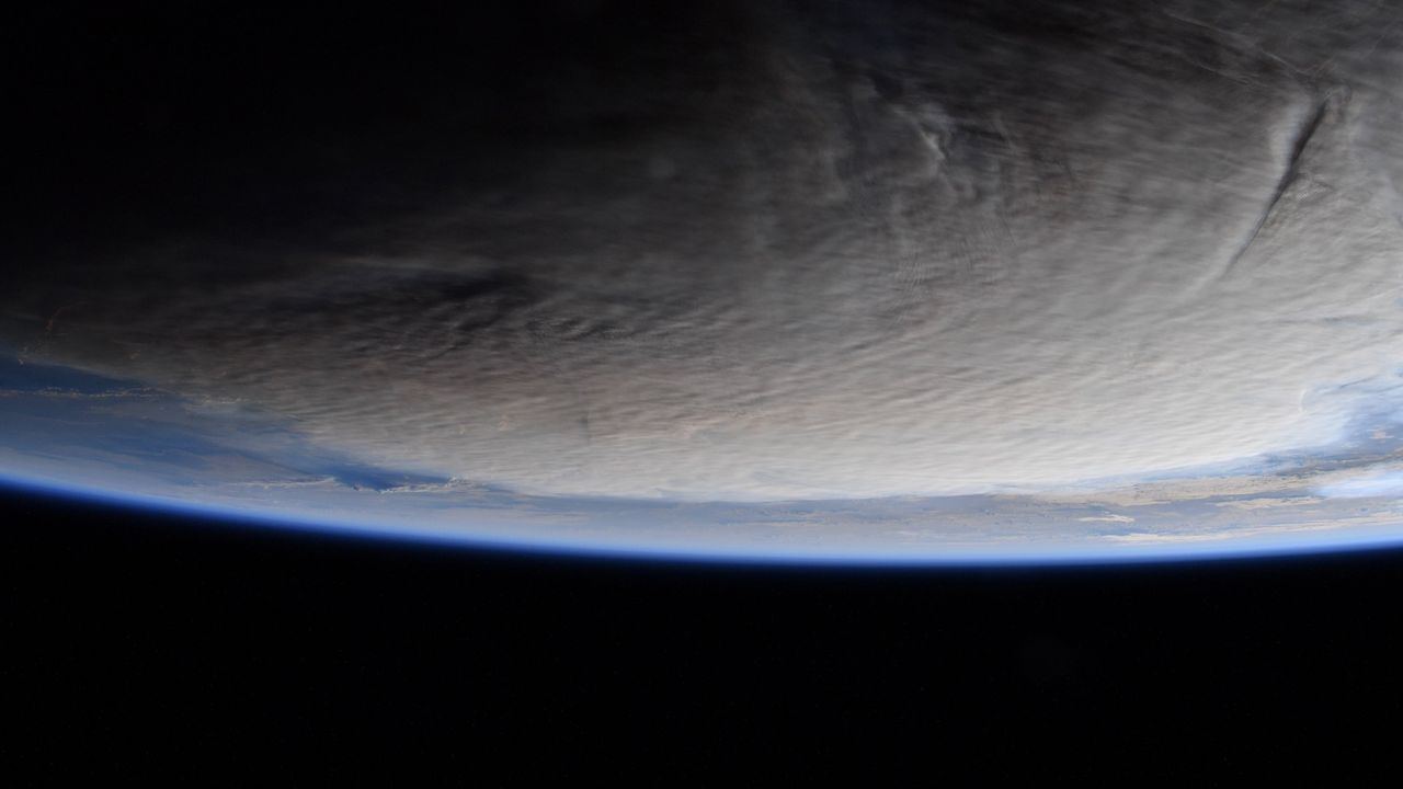 Volcanic ash above the Pacific Ocean after the eruption of the Hunga Tonga volcano in January 2022 seen from the International Space Station.