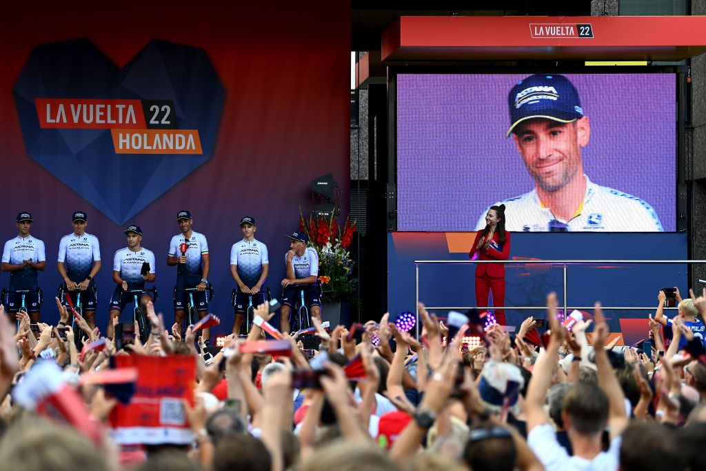 UTRECHT NETHERLANDS AUGUST 18 Vincenzo Nibali of Italy and Team Astana Qazaqstan with teammates during the 77th Tour of Spain 2022 Team Presentation LaVuelta22 WorldTour on August 18 2022 in Utrecht Netherlands Photo by Tim de WaeleGetty Images