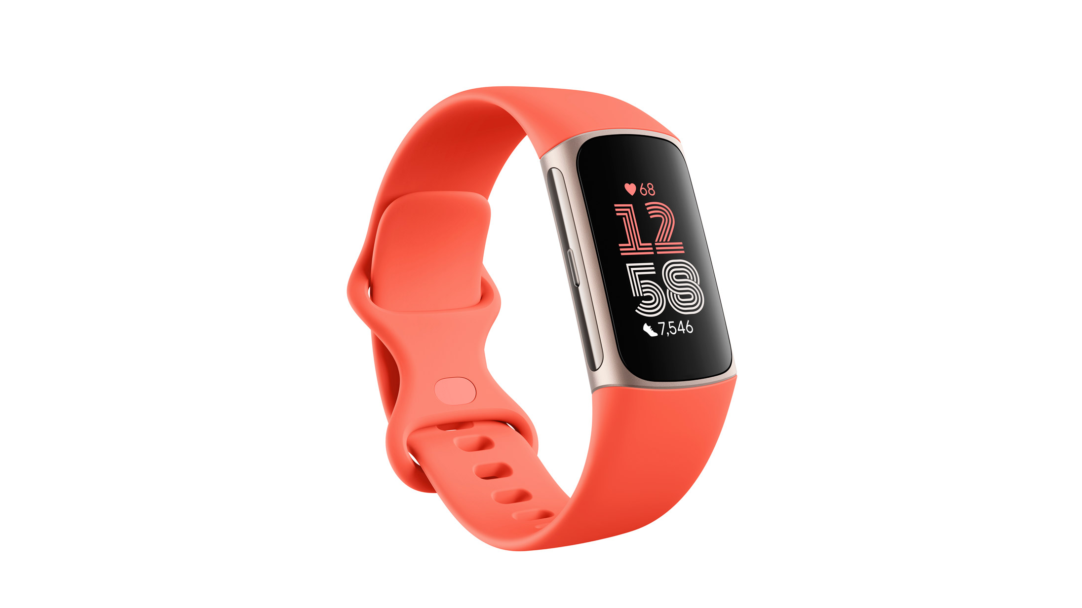 Et produktbillede af en Fitbit Charge 6 med et koralfarvet armbånd. Fremvist mod en hvid baggrund.