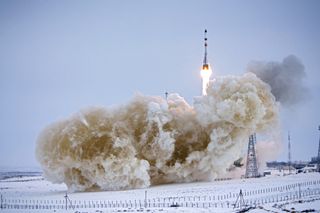 A Russian Soyuz rocket launches the Progress 69 cargo ship from Baikonur Cosmodrome in Kazakhstan on Feb. 13, 2018. Progress 69 is carrying 3 tons of supplies to the International Space Station.