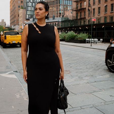 jennifer atilemile wearing a knit maxi dress