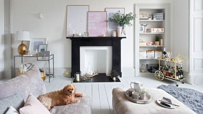 living room with white themed sofa and shelves