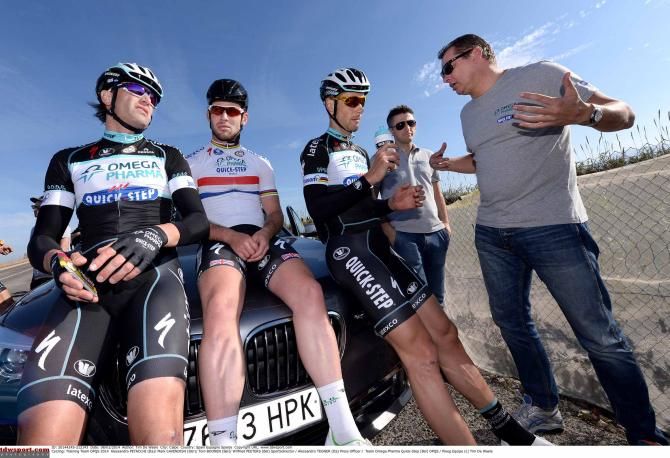Alessandro Petacchi, Mark Cavendish and Tom Boonen with Omega Pharma-QuickStep directeur sportif Wilfried Peeters.
