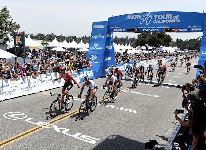 Cees Bol (Team Sunweb) screams across the finish line in Pasadena to win stage 7 of the 2019 Tour of California