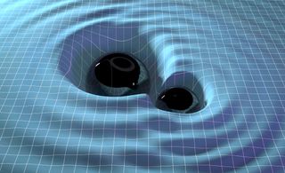 Illustration of two black holes orbiting each other, emitting gravitational waves.