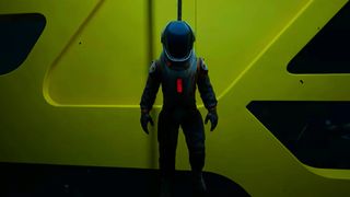 A Subnautica 2 player comes across another player in front of a yellow door