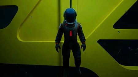 A Subnautica 2 player comes across another player in front of a yellow door