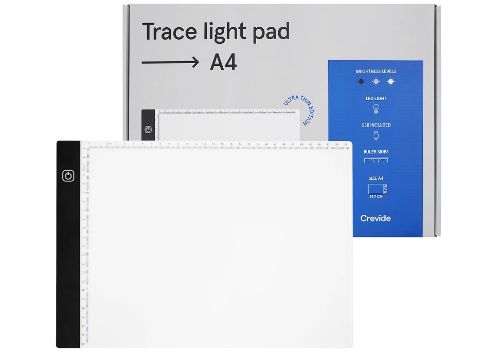 En produktbild på ett Crevide Trace Lightpad-ljusbord som visas upp mot en vit bakgrund.