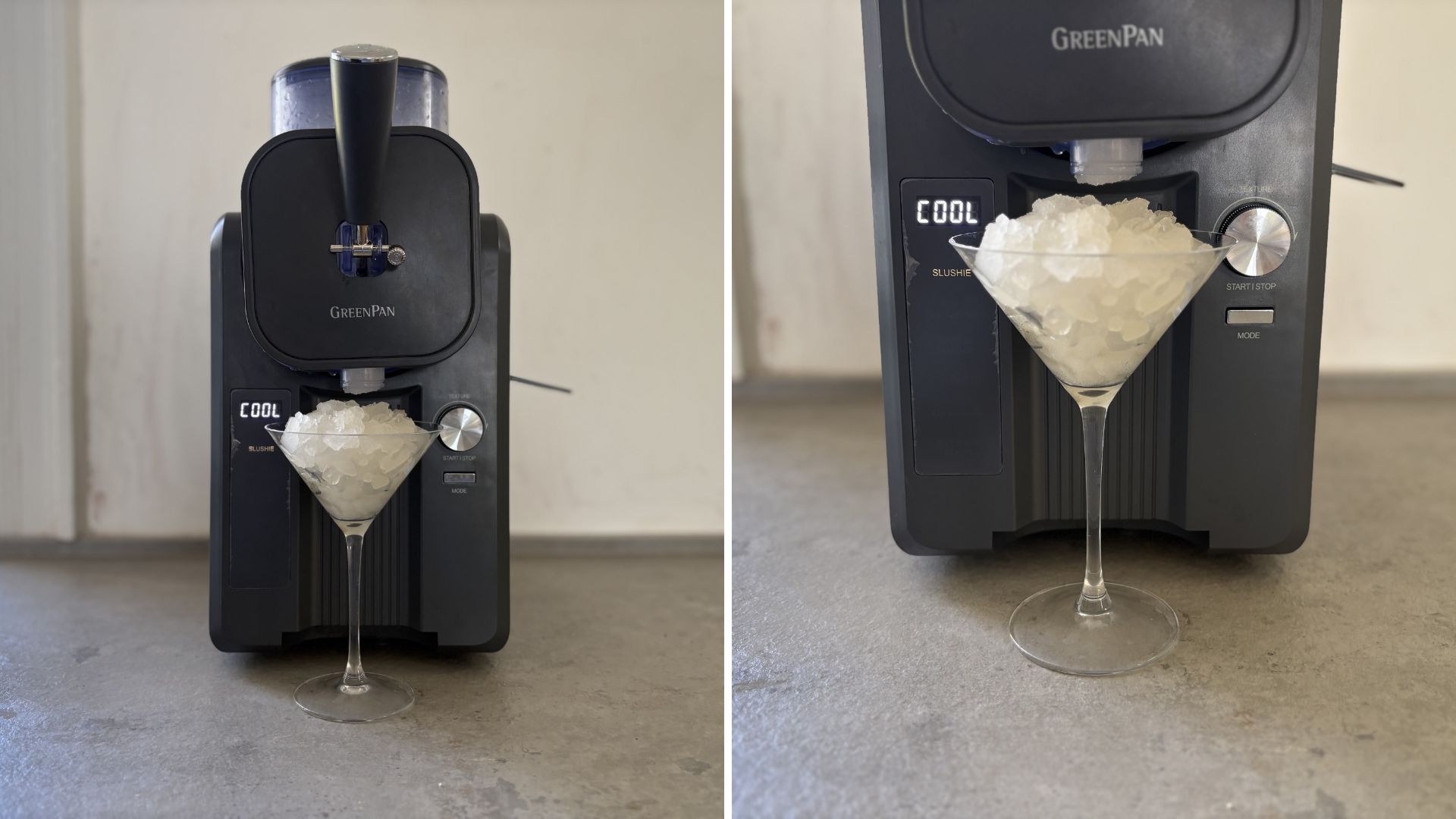 GreenPan Frost Ice Cream Maker and Slushie Machine on the counter with frozen marherita