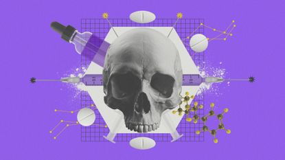 Photo composite illustration of various forms of opioid drugs and a human skull