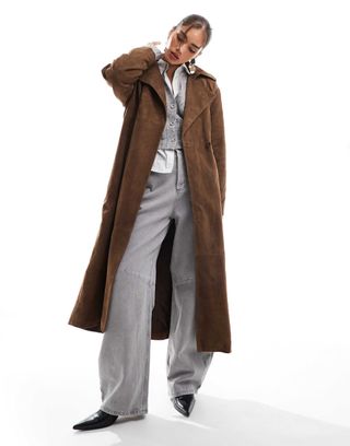 Asos Design Premium Suede Trench Coat in Tan