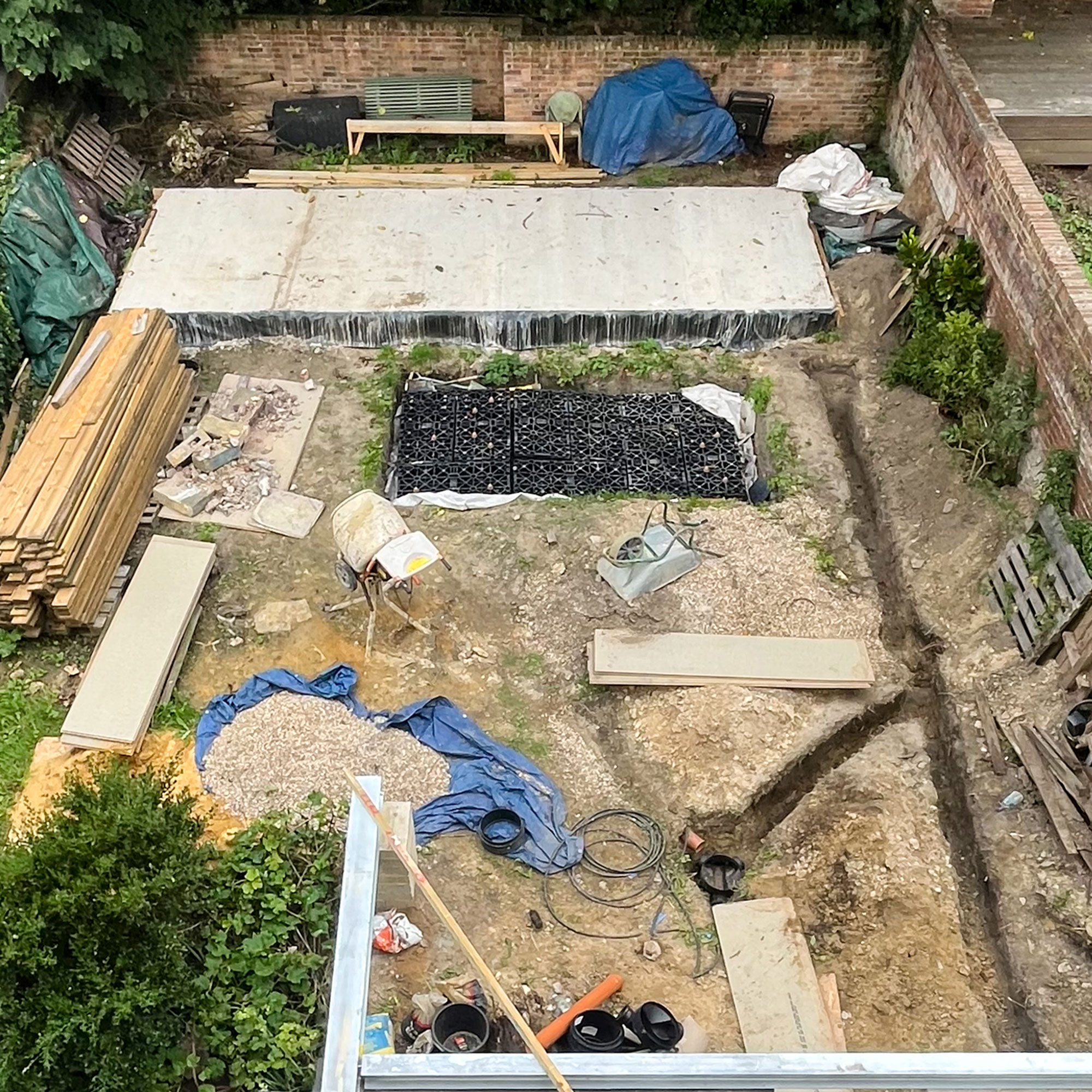 Garden dug up mid-renovation as seen from above