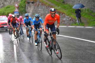 Bahrain-Merida's Damiano Caruso works tirelessly for Vincenzo Nibali after having dropped back from the day's breakaway group to help his team leader on stage 16 of the 2019 Giro d'Italia
