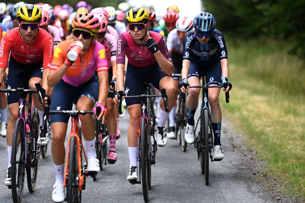 MAURIAC FRANCE JULY 24 LR Marlen Reusser of Switzerland and Demi Vollering of The Netherlands and Team SD Worx Protime Pink UCI Womens WorldTour Leader Jersey compete during the 2nd Tour de France Femmes 2023 Stage 2 a 1517km stage from ClermontFerrand to Mauriac UCIWWT on July 24 2023 in Mauriac France Photo by Tim de WaeleGetty Images