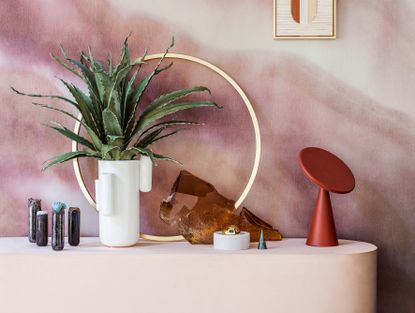pink wall with pink console table and succulent