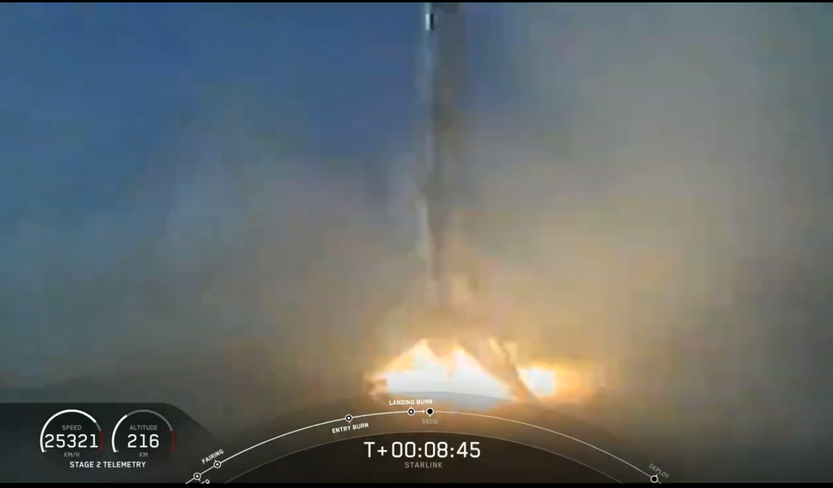The first-stage booster of a Falcon 9 rocket lands on a drone ship on Sept. 3, 2020.
