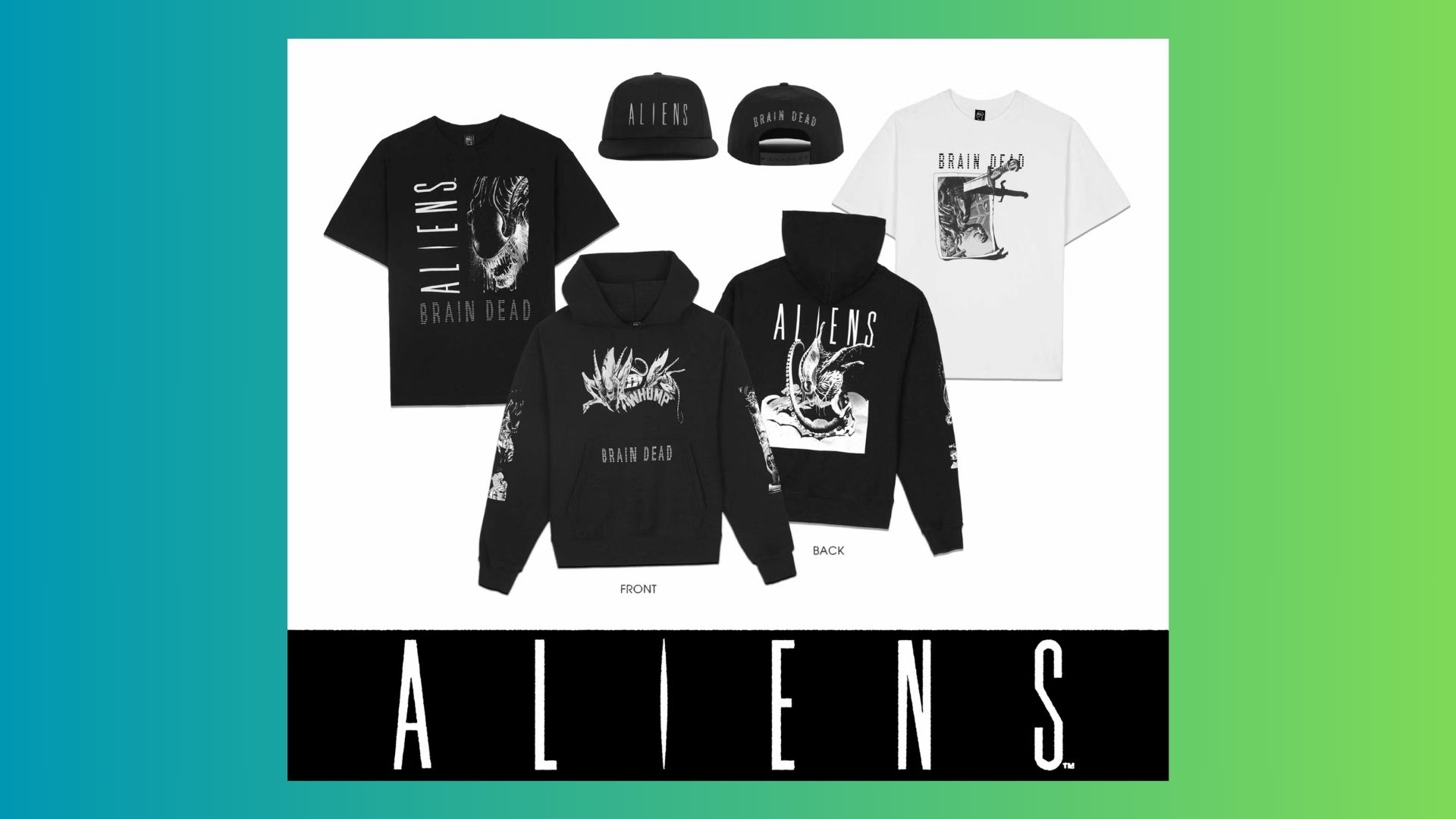 The Brain Dead Aliens collection on a green background 