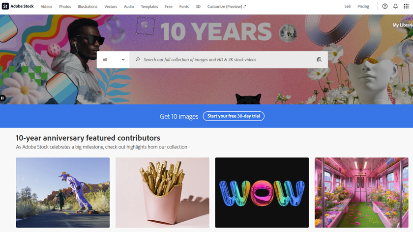 Adobe Stock homepage celebrating its 10th anniversary
