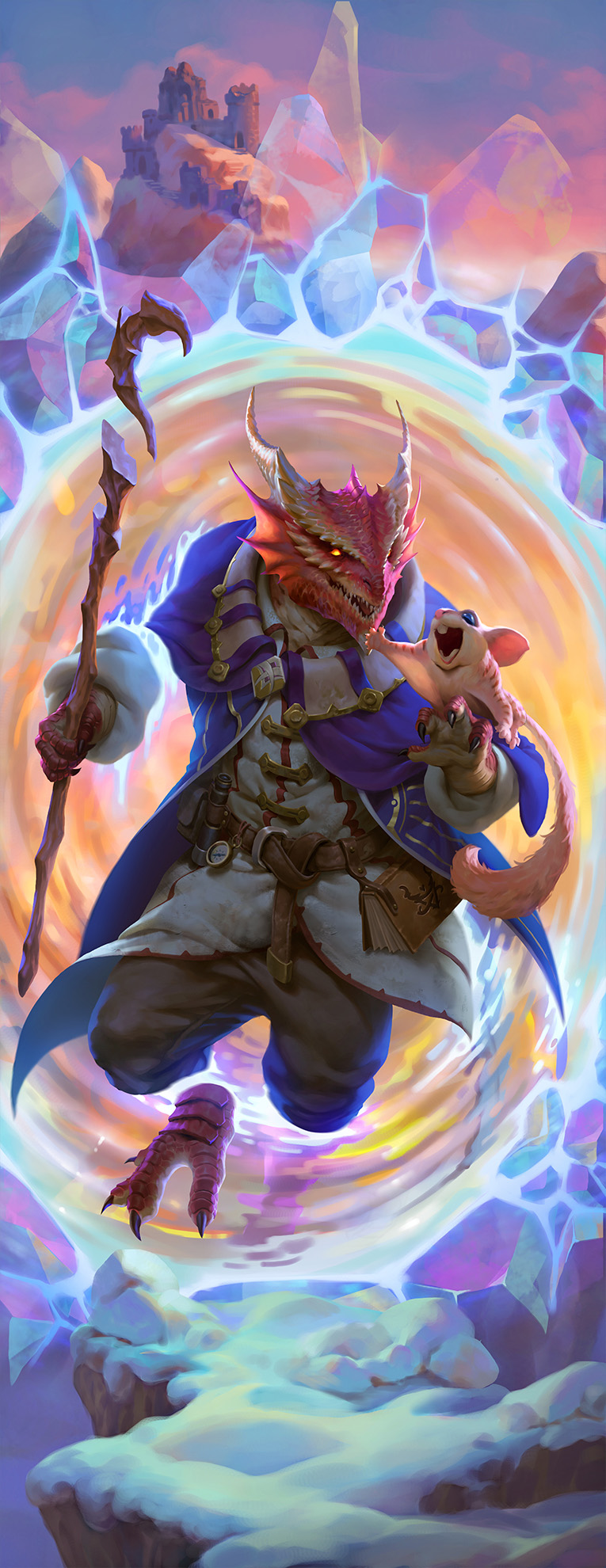 A dragonborn wizard emerges from a portal carrying a squirrel-like creature