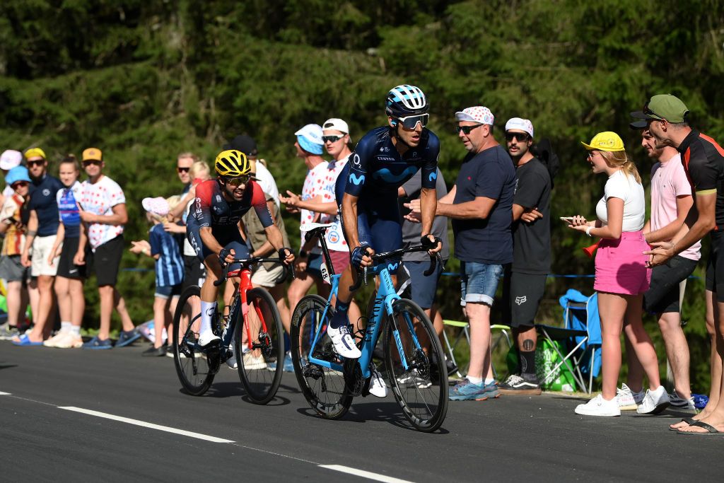 CHTEL LES PORTES DU SOLEIL FRANCE JULY 10 LR Jonathan Castroviejo Nicolas of Spain and Team INEOS Grenadiers and Carlos Verona Quintanilla of Spain and Movistar Team competes in the chase group during the 109th Tour de France 2022 Stage 9 a 1929km stage from Aigle to Chtel les portes du Soleil 1299m TDF2022 WorldTour on July 10 2022 in Chtel les portes du Soleil France Photo by Alex BroadwayGetty Images
