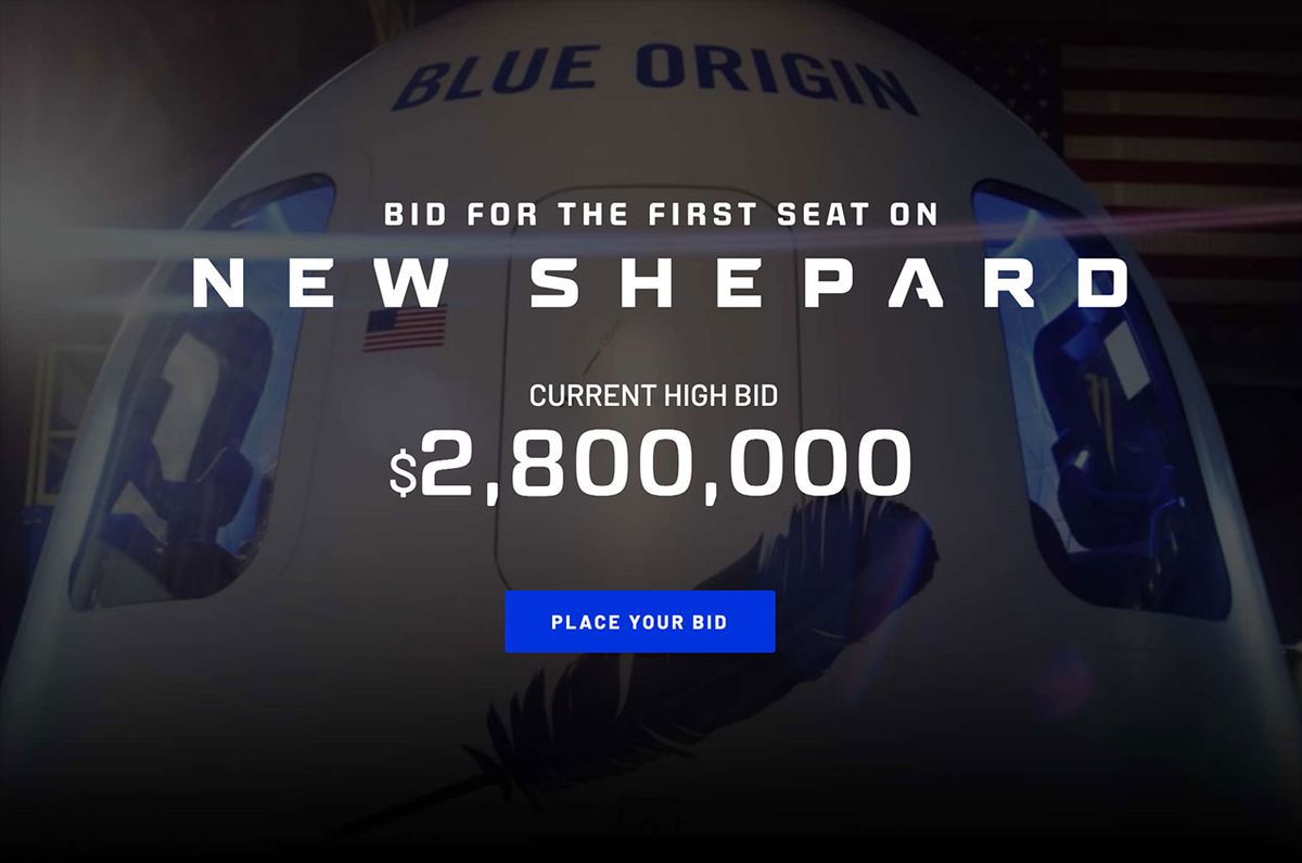 A crop from Blue Origin&#039;s website shows the current bid (as of Monday, June 7, 2021) on the first seat aboard New Shepard at $2.8 million. The auction ends Saturday, June 12.