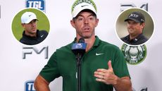 Rory McIlroy speaks during a post-TGL match press conference with inset headshots of Brooks Koepka (top left) and Patrick Reed (top right)
