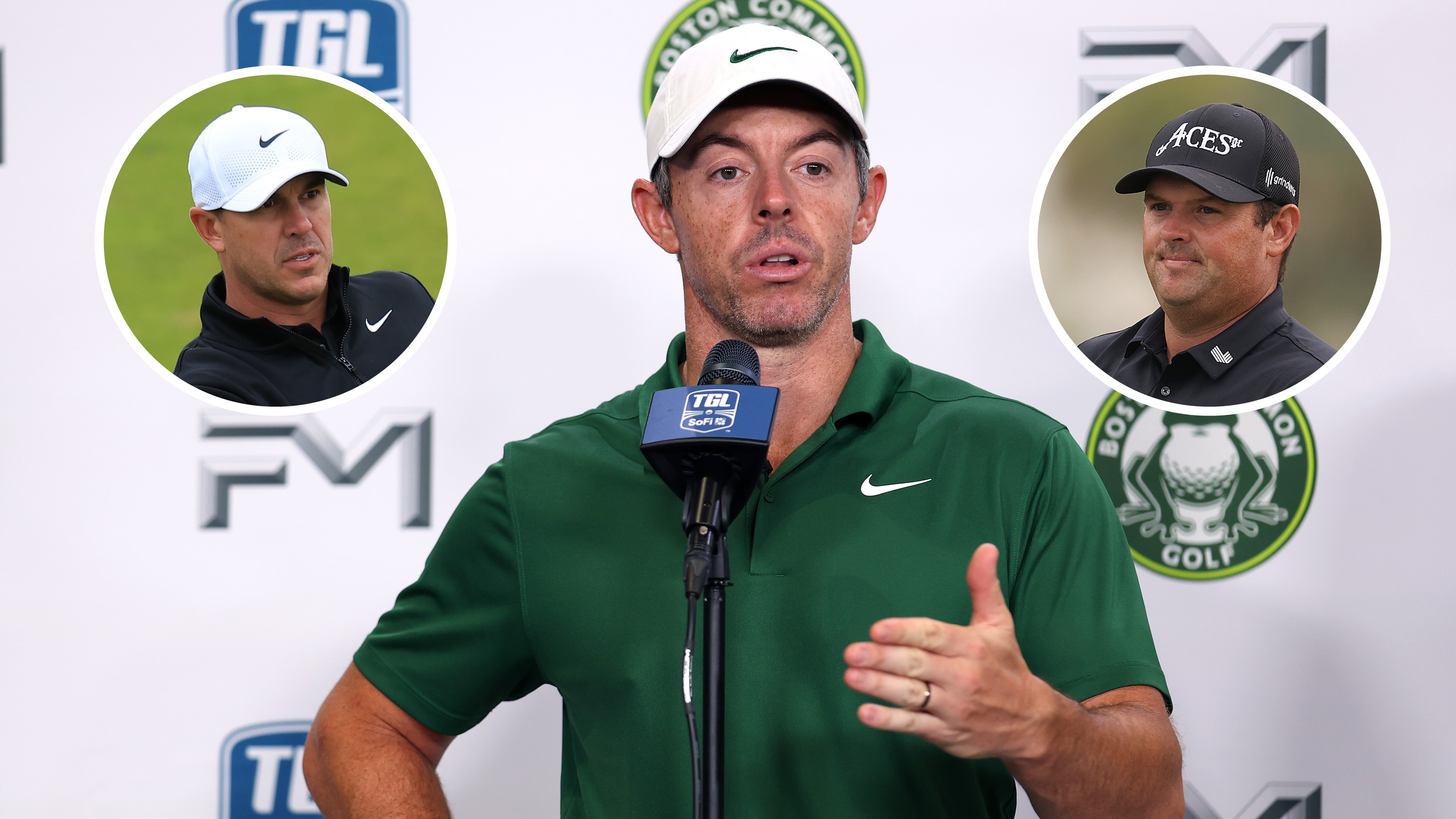 Rory McIlroy speaks during a post-TGL match press conference with inset headshots of Brooks Koepka (top left) and Patrick Reed (top right)