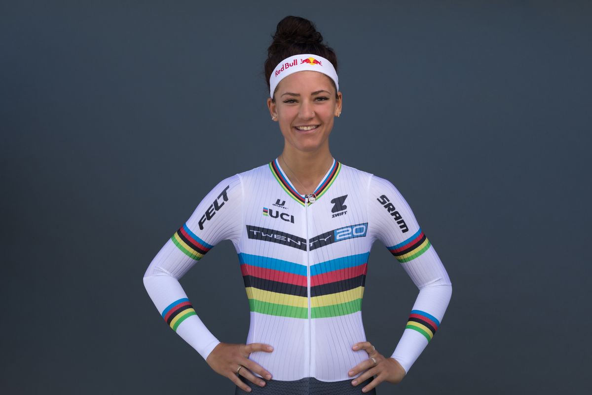 Chloe Dygert in her time trial world champion's jersey (Twenty20 Pro Cycling)