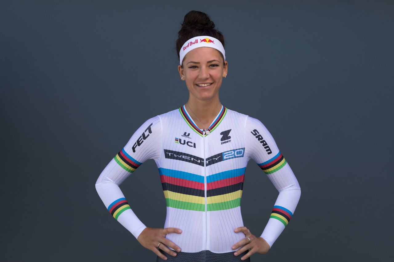 Chloe Dygert in her time trial world champion's jersey (Twenty20 Pro Cycling)
