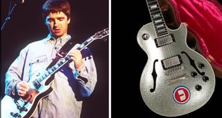 Noel Gallagher and his Gibson Silver Sparkle Gibson Les Paul Florentine