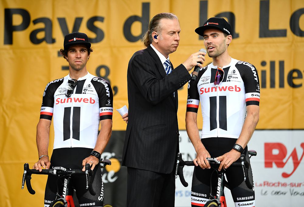 Tom Dumoulin takes a question at the 2018 Tour de France team presentation
