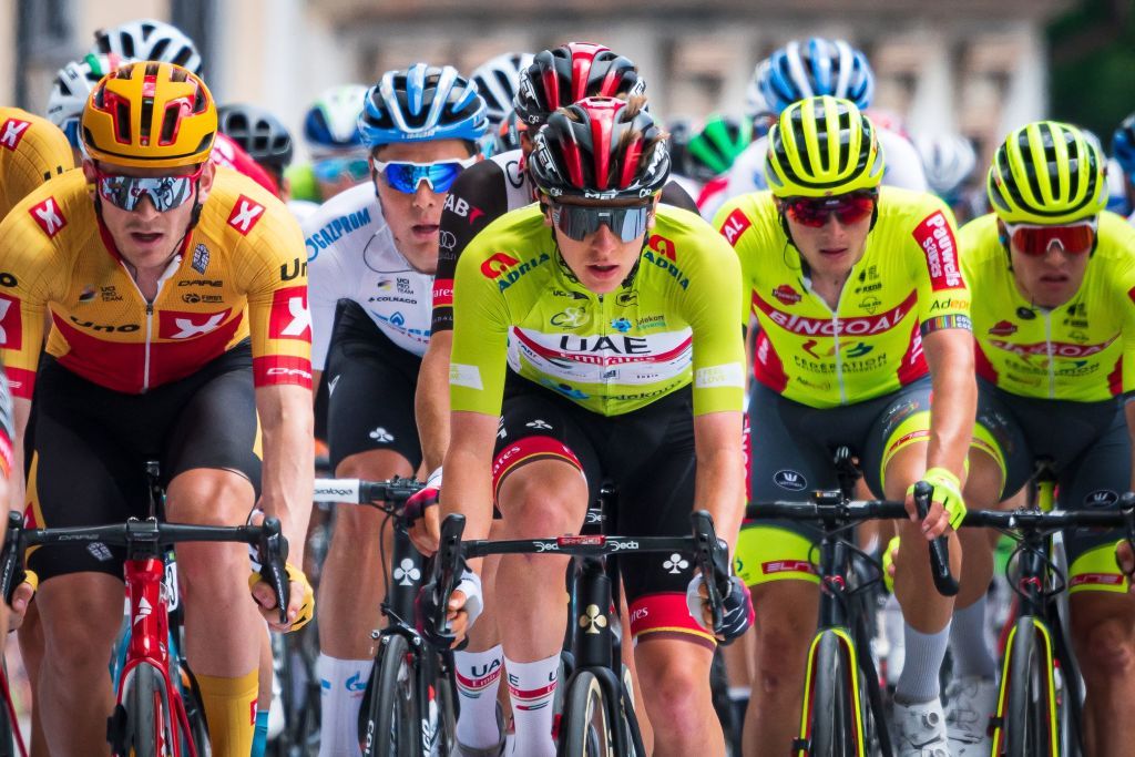 Overall leader Slovenias Tadej Pogacar C of Team UAE competes during the 5th and last stage of Tour of Slovenia cycling race in Novo mesto on June 13 2021 Photo by Jure Makovec AFP Photo by JURE MAKOVECAFP via Getty Images