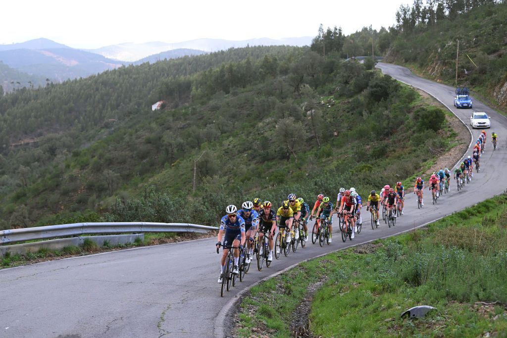 ALTODAFOIA PORTUGAL FEBRUARY 15 A general view of the peloton compete climbing to the Alferce 418m during the 50th Volta ao Algarve em Bicicleta 2024 Stage 2 a 1719km stage from Lagoa to Alto da Foia 888m on February 15 2024 in Alto da Foia Portugal Photo by Dario BelingheriGetty Images