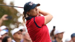 Lauren Coughlin takes a shot during the Friday morning foursomes at the Solheim Cup