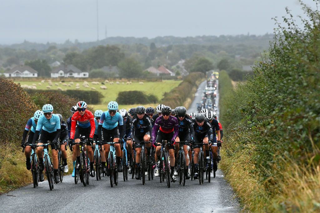 WALSALL ENGLAND OCTOBER 05 A general view of Christine Majerus of Luxembourg and Team SD Worx Liane Lippert of Germany and Team DSM Anna Shackley of United Kingdom and Team SD Worx Pfeiffer Georgi of United Kingdom and Team DSM Lorena Wiebes of Netherlands and Team DSM and the peloton compete during the 7th The Womens Tour 2021 Stage 2 a 1022km stage from Walsall to Walsall thewomenstour UCIWWT on October 05 2021 in Walsall England Photo by Justin SetterfieldGetty Images
