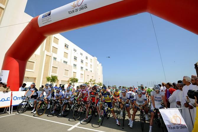 The Tour of Oman peloton awaits the start of stage 1 in Al Musannah.