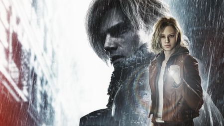 Key art for Resident Evil Requiem showing Grace with a flashlight, with a larger image of Leon in shadow behind her against rainy streets