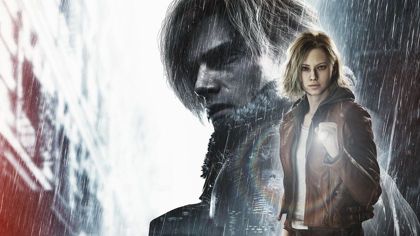 Key art for Resident Evil Requiem showing Grace with a flashlight, with a larger image of Leon in shadow behind her against rainy streets