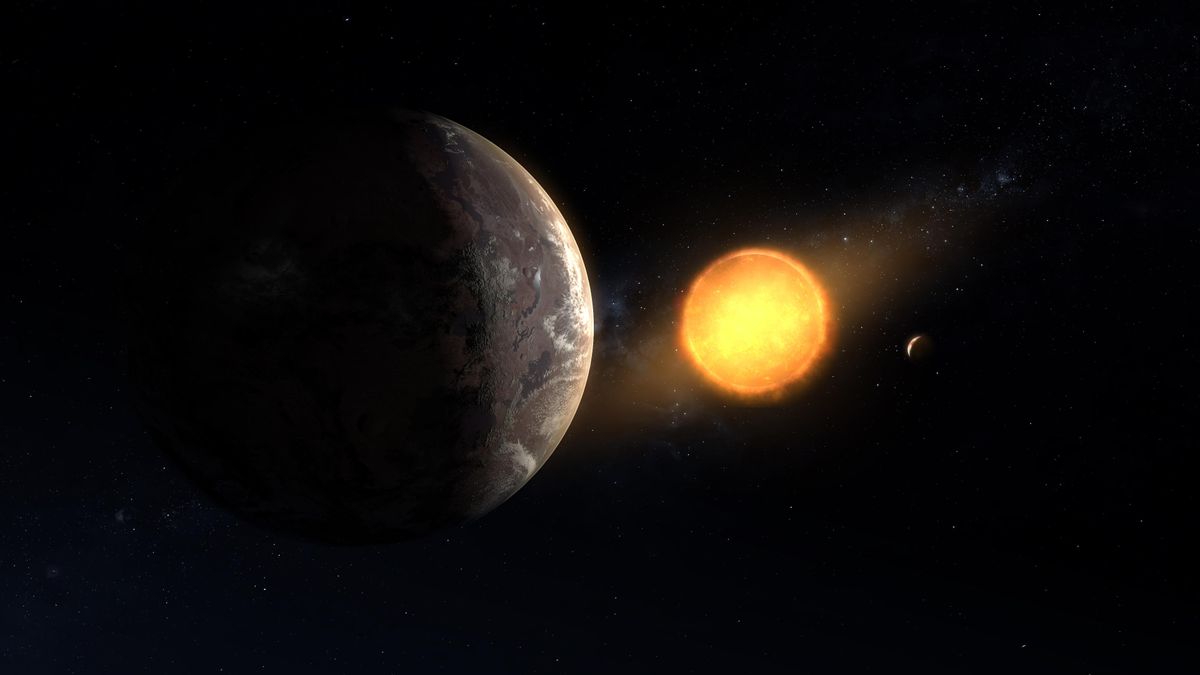 An artist&#039;s illustration of a rocky, Earth-like exoplanet (in this case, Kepler-1649c), orbiting its sun. Aliens on such a planet might choose to beam signals toward Earth when they are directly between Earth and their own sun.