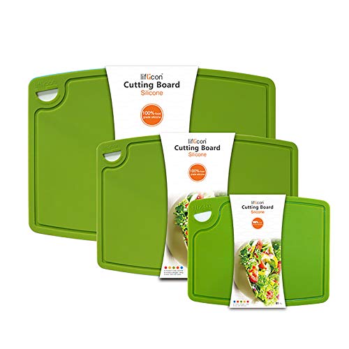 Liflicon Silicone Thick Cutting Boards Mats Set of 3 Foldable & Flexible Design Juice Grooves Easy Grip Handle Dishwasher Safe for Kitchen,bpa Free Silicone Cutting Board-Green