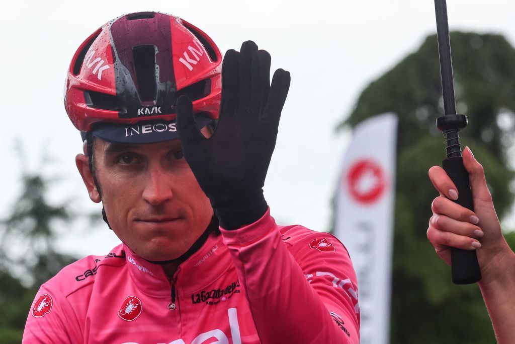Overall leader INEOS Grenadierss British rider Geraint Thomas waves prior to the start of the tenth stage of the Giro dItalia 2023 cycling race 196 km between Scandiano and Viareggio on May 16 2023 Photo by Luca Bettini AFP Photo by LUCA BETTINIAFP via Getty Images