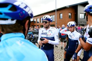 EDINBURGH, SCOTLAND - SEPTEMBER 11: (L-R) Alex Dowsett of United Kingdom and Mason Hollyman of United Kingdom and Team Israel Start-Up Nation prior to the 17th Tour of Britain 2021, Stage 7 a 194,8km stage from Hawick to Edinburgh / @TourofBritain / #TourofBritain / on September 11, 2021 in Edinburgh, Scotland. (Photo by Alex Livesey/Getty Images)