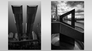 Two mono fine art architecture images on a gray gradient. Left image is of abstract looking modern bus shelter, right image is of London's The Shard in distance with modern stairwell in foreground overlooking the River Thames