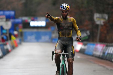 HERENTALS BELGIUM DECEMBER 23 Arrival Wout Van Aert of Belgium and Team Jumbo Visma Celebration Mud during the 37th Herentals Azencross 2020 Men Elite CX DVVTrofee Azencross on December 23 2020 in Herentals Belgium Photo by Luc ClaessenGetty Images