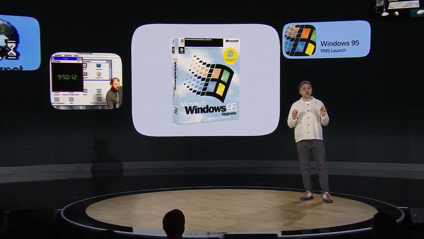 Microsoft 50th Anniversary event Windows 95 and Mustafa on stage