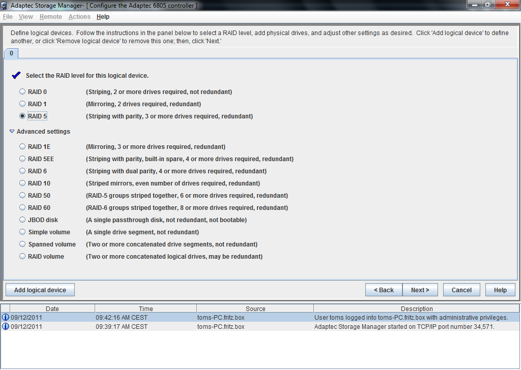 Adaptec RAID 6805 RAID Software And Array Setup Four SAS 6 Gb/s RAID